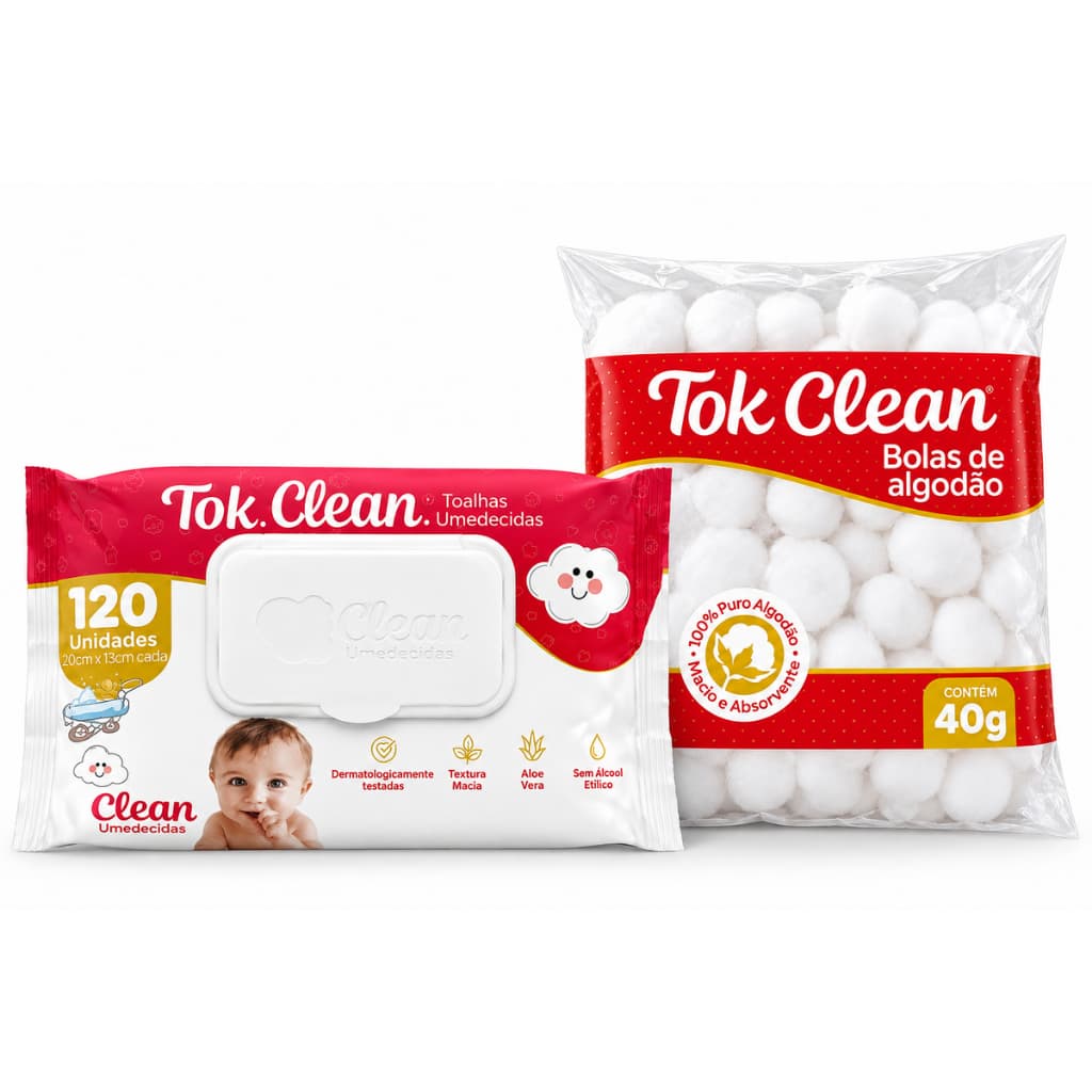 Kit Lenço Umedecido Tok Clean 120 Unidades + Algodão 40g Higiene para Bebês e Família