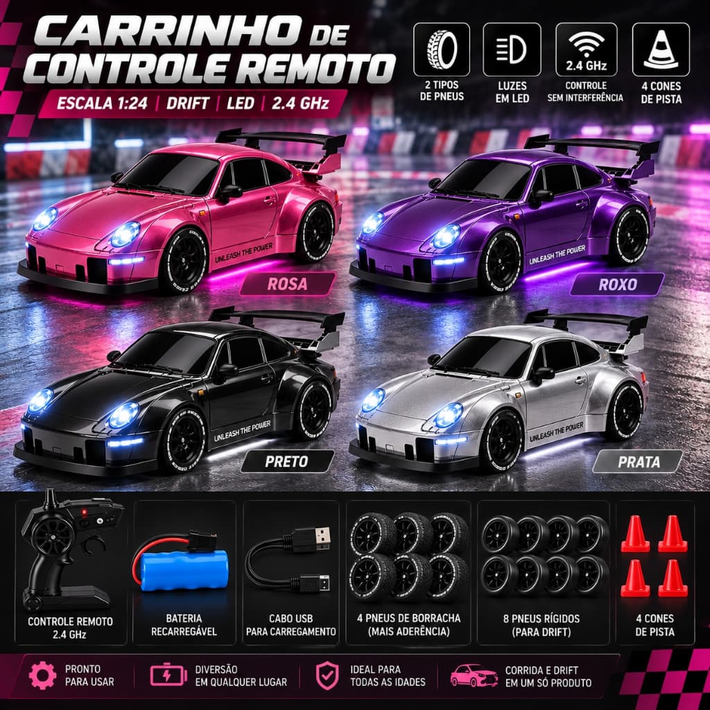 Porshe Carrinho Controle Remoto Drift 4x4 Com Led Bateria Recarregavel Escala 1:24