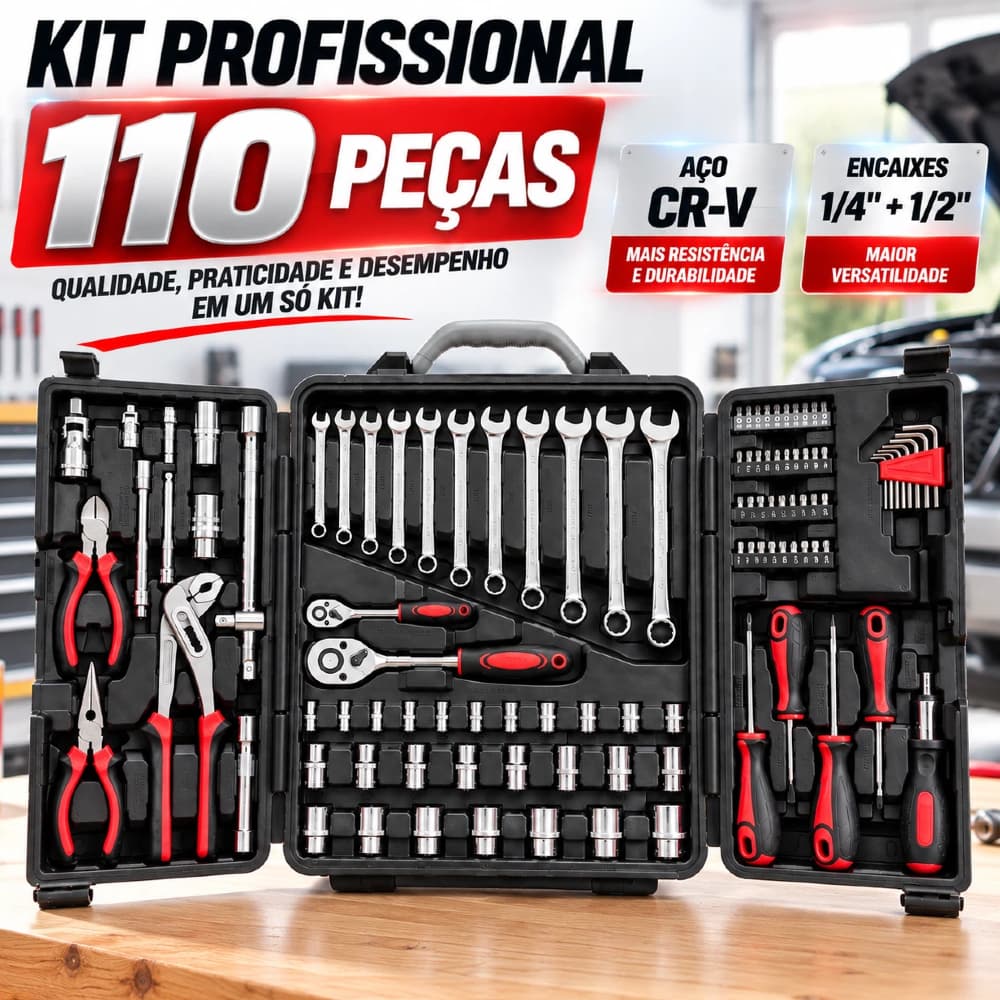 Kit Jogo De Ferramentas Profissional 110 Peças Aço Cromo Vanádio com Maleta Soquetes Catracas Alicates Chaves