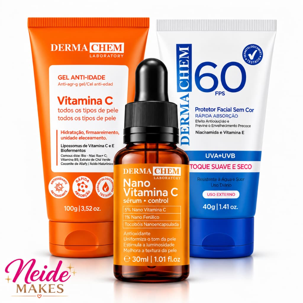 Kit Skin Care Sérum Vitamina C Nano Control + Protetor FPS 60 + Gel Anti-Idade Dermachem