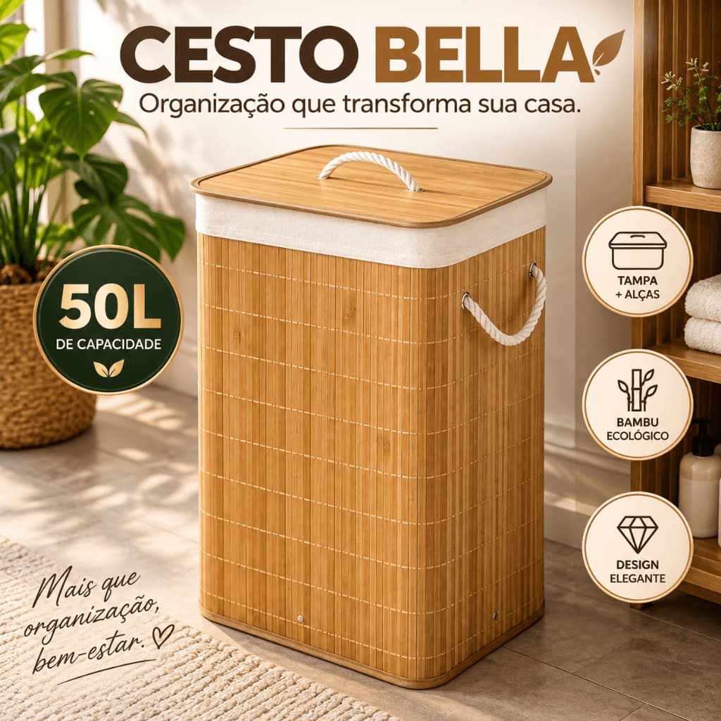 Cesto de Roupas 50 Litros com Tampa e Alça de Bambu Grande Organizador Lavanderia Quarto Banheiro Cesto Bella