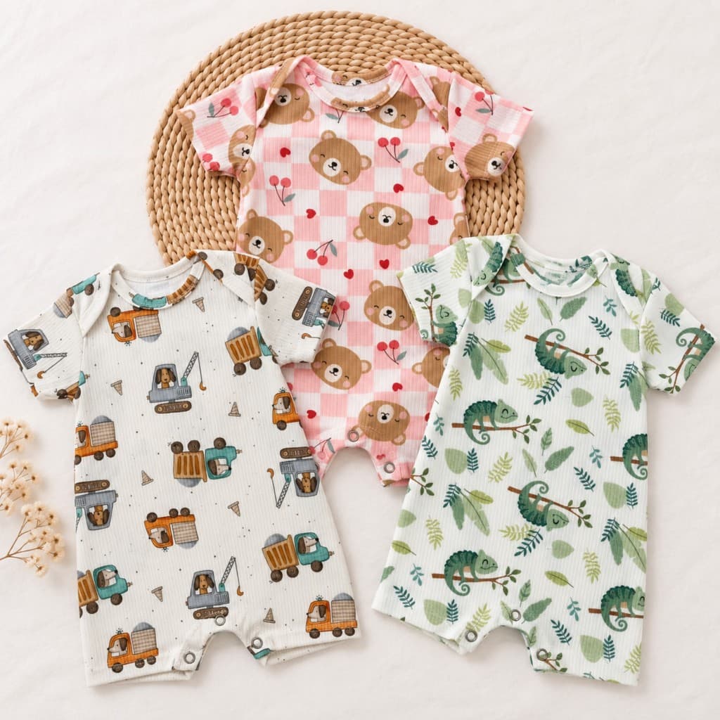 Kit 3 Romper Macaquinho Bebe Menino ou Menina Estampas Fofas P ao GG Enxoval Para Bebê