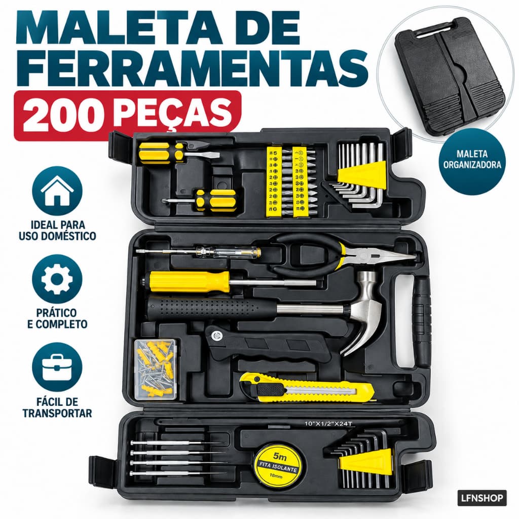 Maleta de Ferramentas 200 Peças Black Bull Kit Completo para Reparos e Manutenção