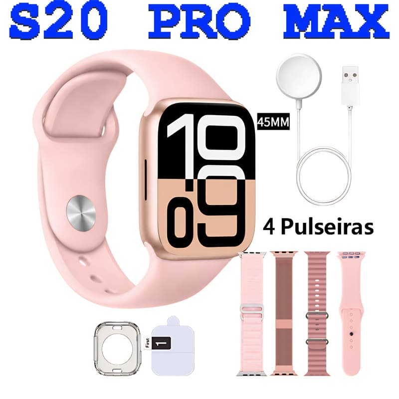 S20 PRO 45mm Smartwatch Relógio Inteligente Série 10 Pro Kit com Várias Pulseiras Chamadas Bluetooth Envio de São Paulo