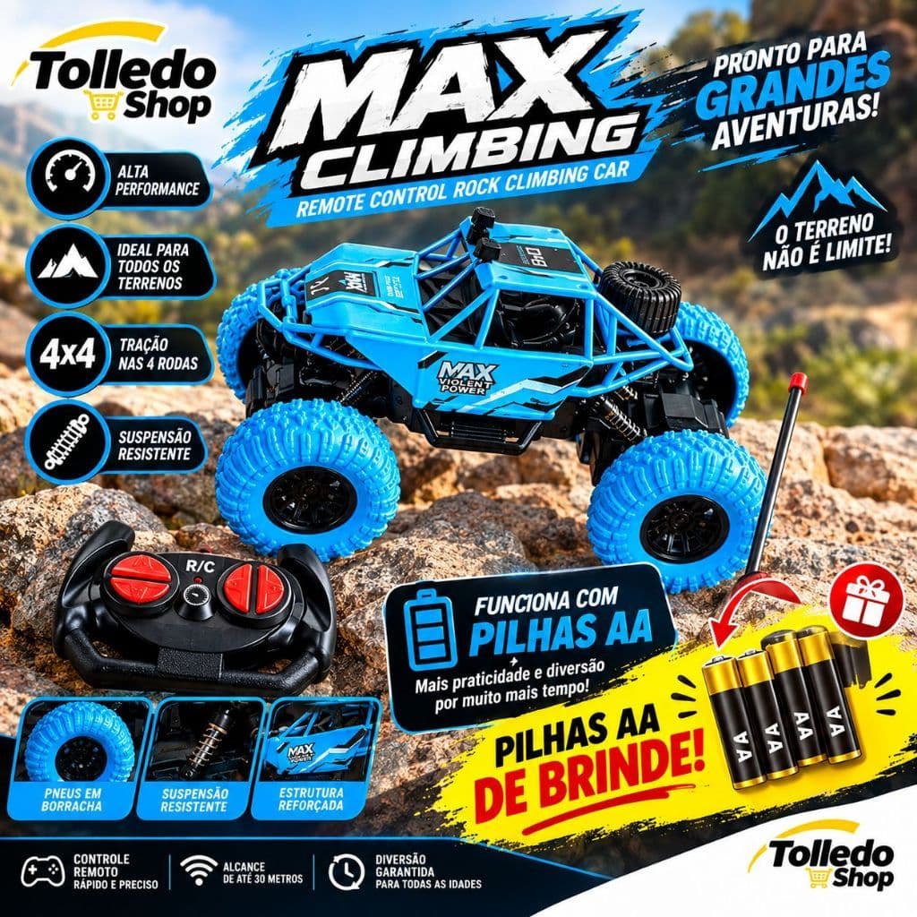 Carrinho de Controle Remoto Monster Truck Off Road - Azul Com Pilha, Resistente e Controle e pikhas inclusa de brinde