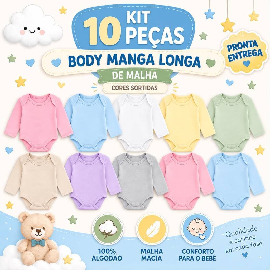 Kit 10 Bodies Bebê Infantil | Manga Longa | Lisos | 100% Algodão | Menino Menina Unissex enxoval