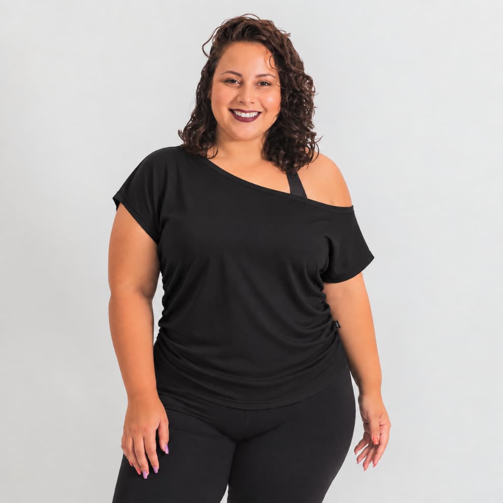 Blusa Decote Canoa Plus Size Feminina T-shirt Ombro a Ombro Ciganinha Roupa Academia Dry Fit Fitness