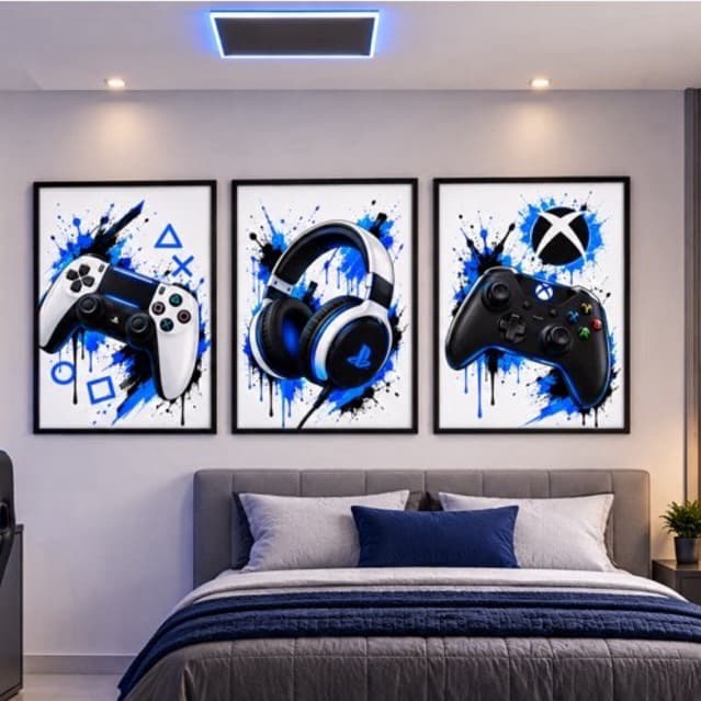 Kit 3 Quadros Decorativos Gamer Videogame Controle Headset Azul Quarto