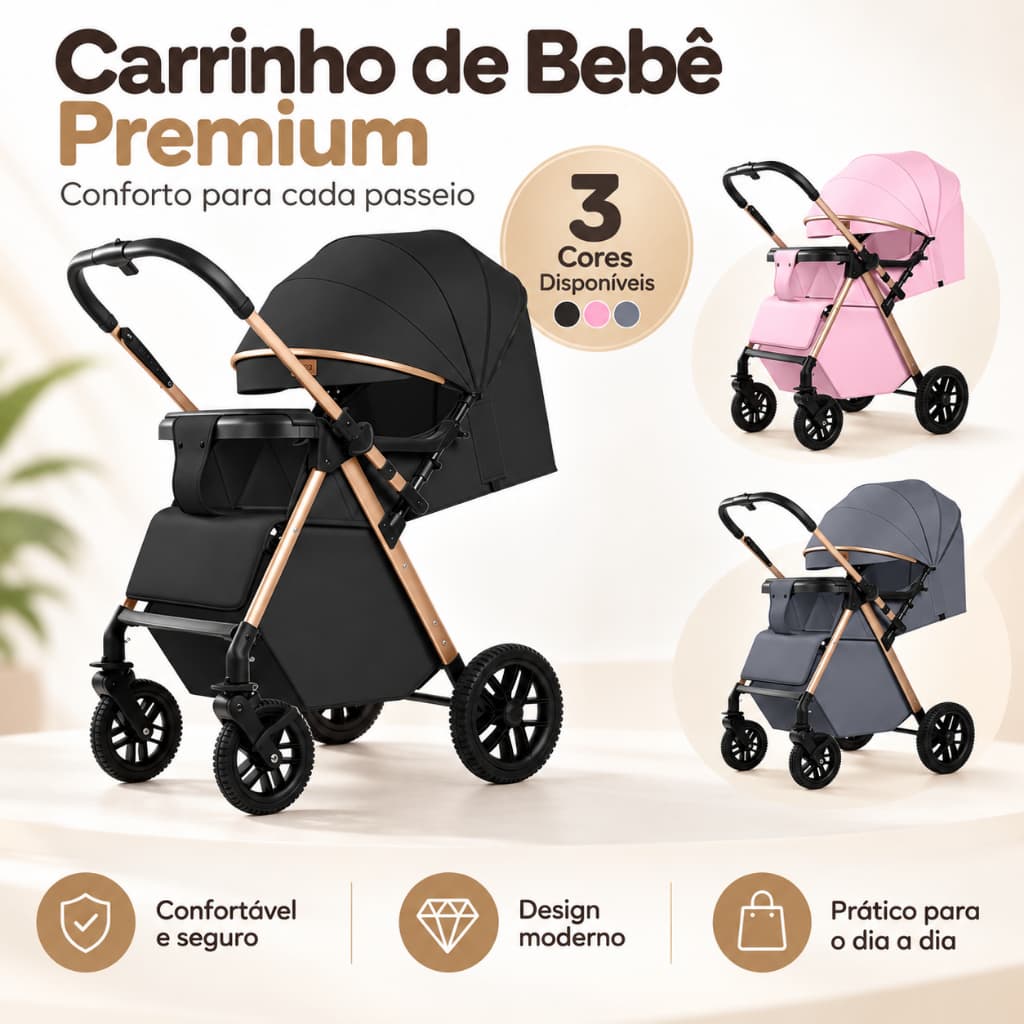 Carrinho de Bebê 3 em 1 Luxo Reversível Dobrável com Amortecedor e Bebê Conforto Para Recém Nascido-P28/P29