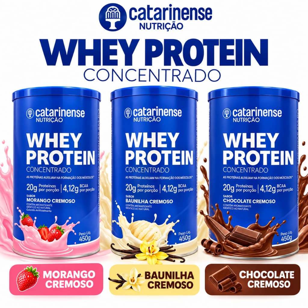 Whey Protein Concentrado Catarinense 450g 20g Proteína – Morango, Baunilha ou Chocolate