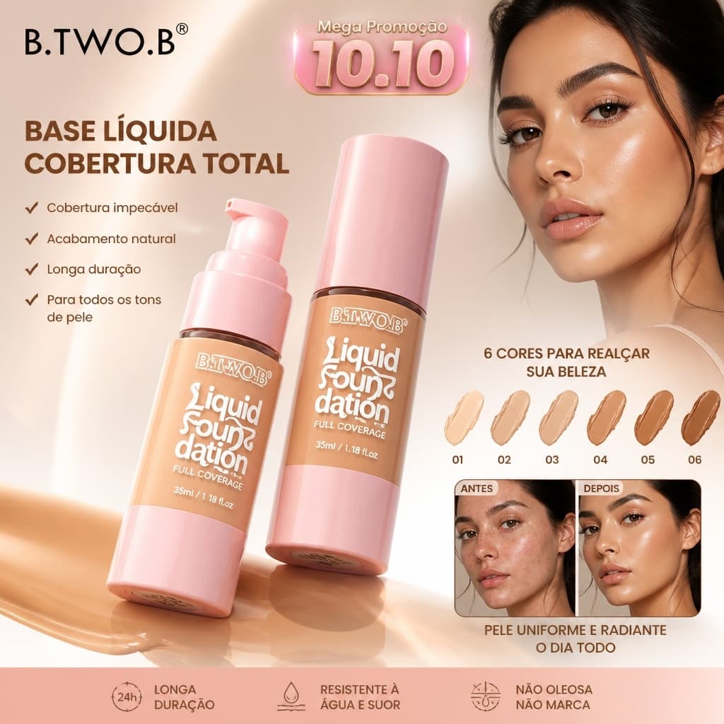 B.TWO.B Base de Maquiagem Líquida Matte Full Coverage Cobertura Total Efeito Pele Perfeita Resistente 35ml