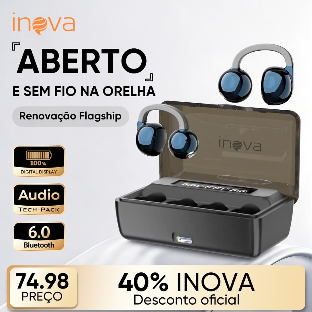INOVA Fone de Ouvido Bluetooth 6.0 Fone Bluetooth Open Ear Clip 20H Hi-Res Esporte