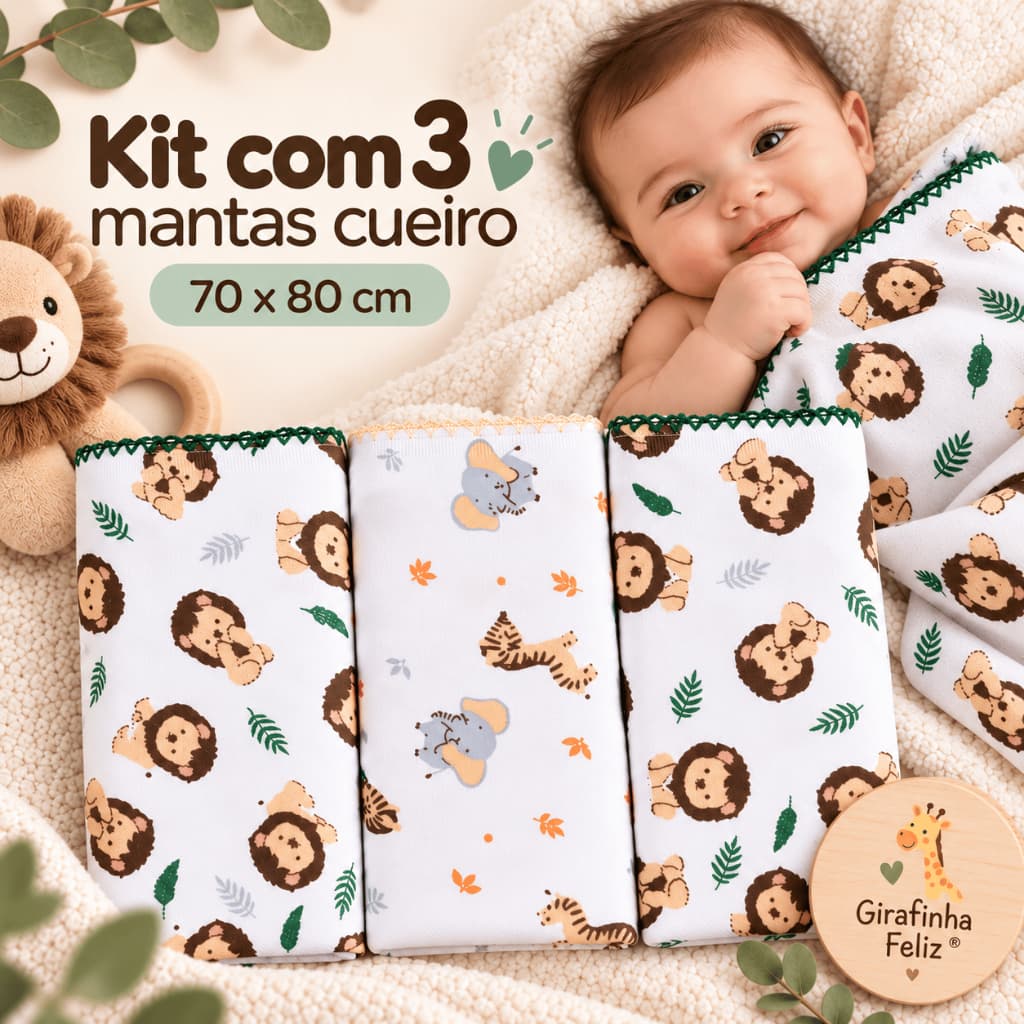 Kit 3 Mantas Cueiro Bebê Flaneladas Estampadas Safari 100% Algodão 70x80cm Enxoval Recém-Nascido Meninoa