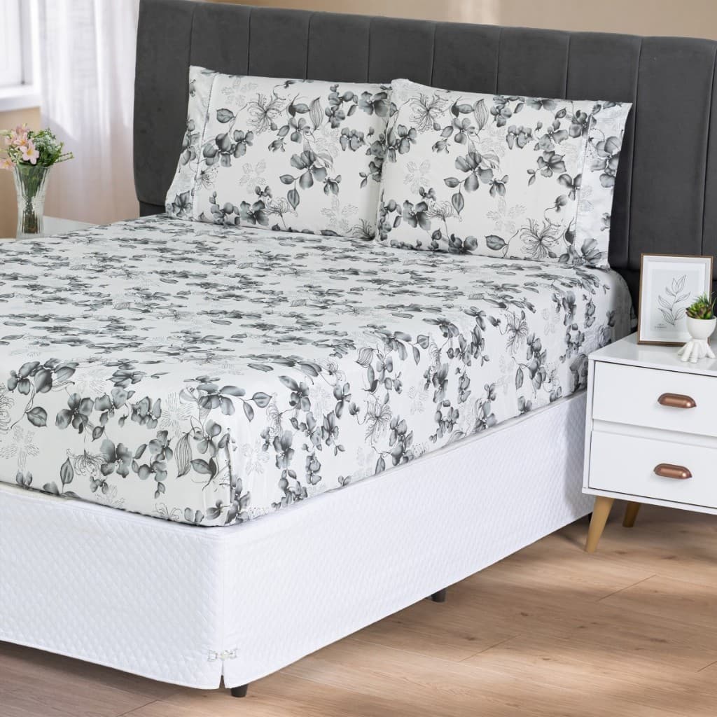 Jogo De Lençol Casal Queen 3 Peças Estampado Micropercal 400 Fios Cama Box Elástico Macio Enxoval Fronha Ponto Palito