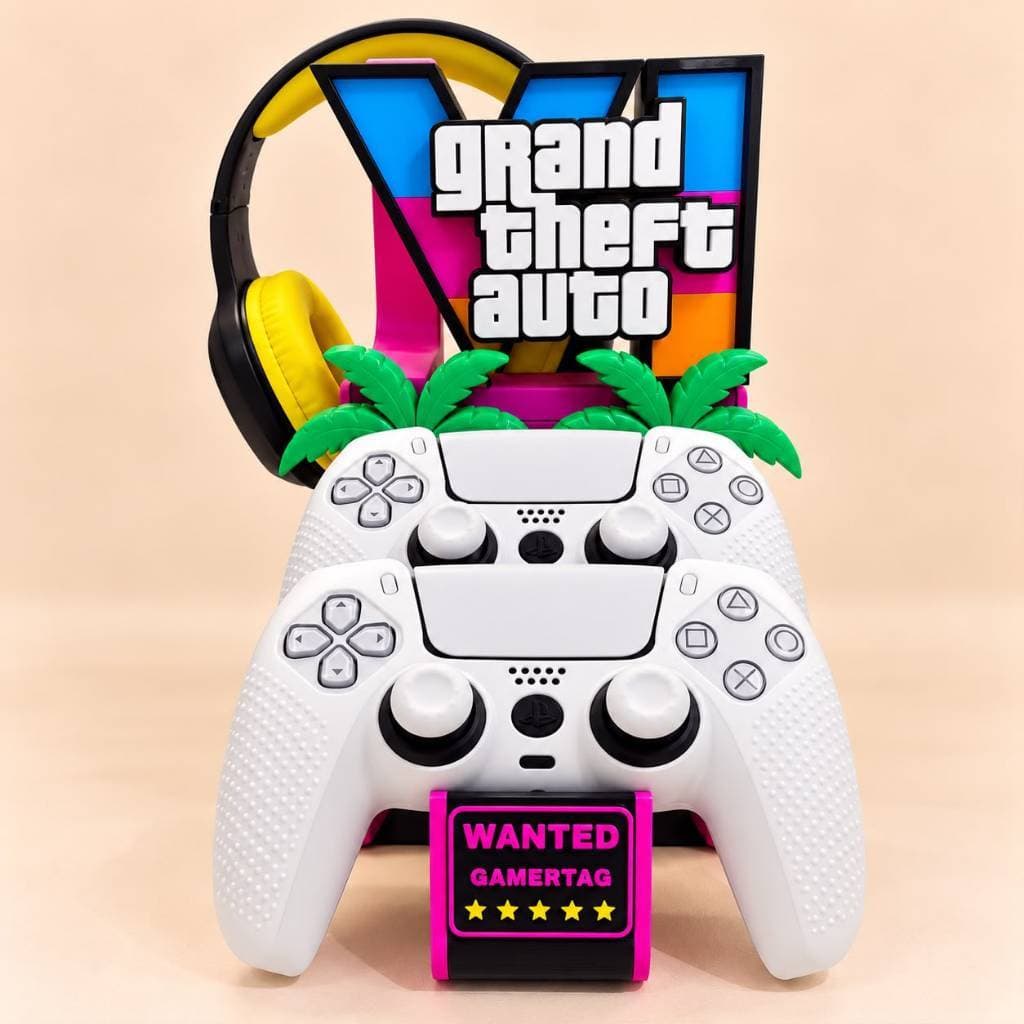 Suporte GTA 6 para 2 Controle PS5 ou XBOX + Fone de Ouvido - Headset DualSense Decoração Gamer Videogame Geek