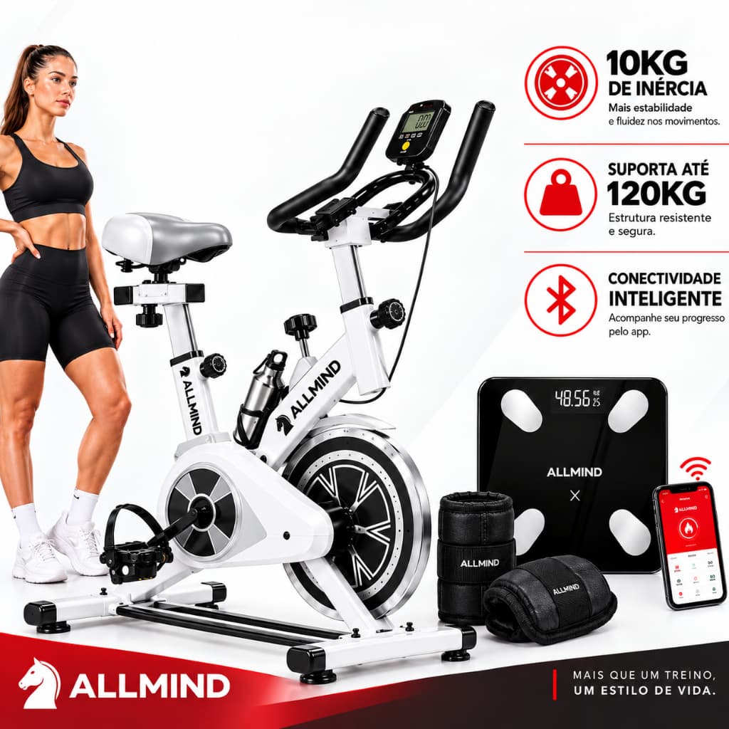 Bicicleta de Exercício Ergométrica 120kg Branca e Cinza com Resistência Regulável