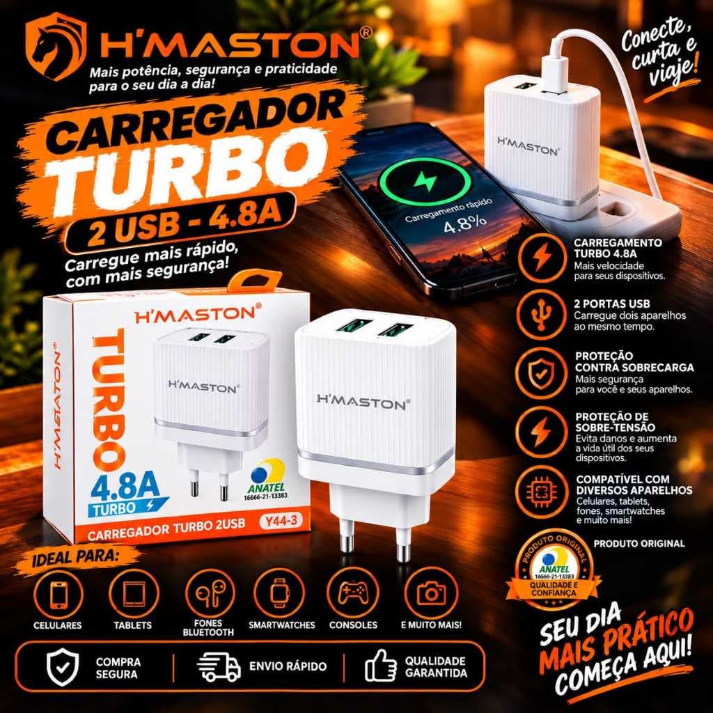 KIT Carregador Turbo 2 USB + Carregador Veicular FM Player - H'MASTON