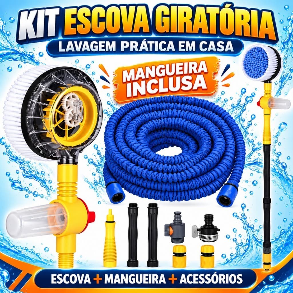 Kit Escova Giratória Lava Carro Com Mangueira Expansível 15m Reservatório Detergente Cabo Extensor Limpeza Casa e Jardim