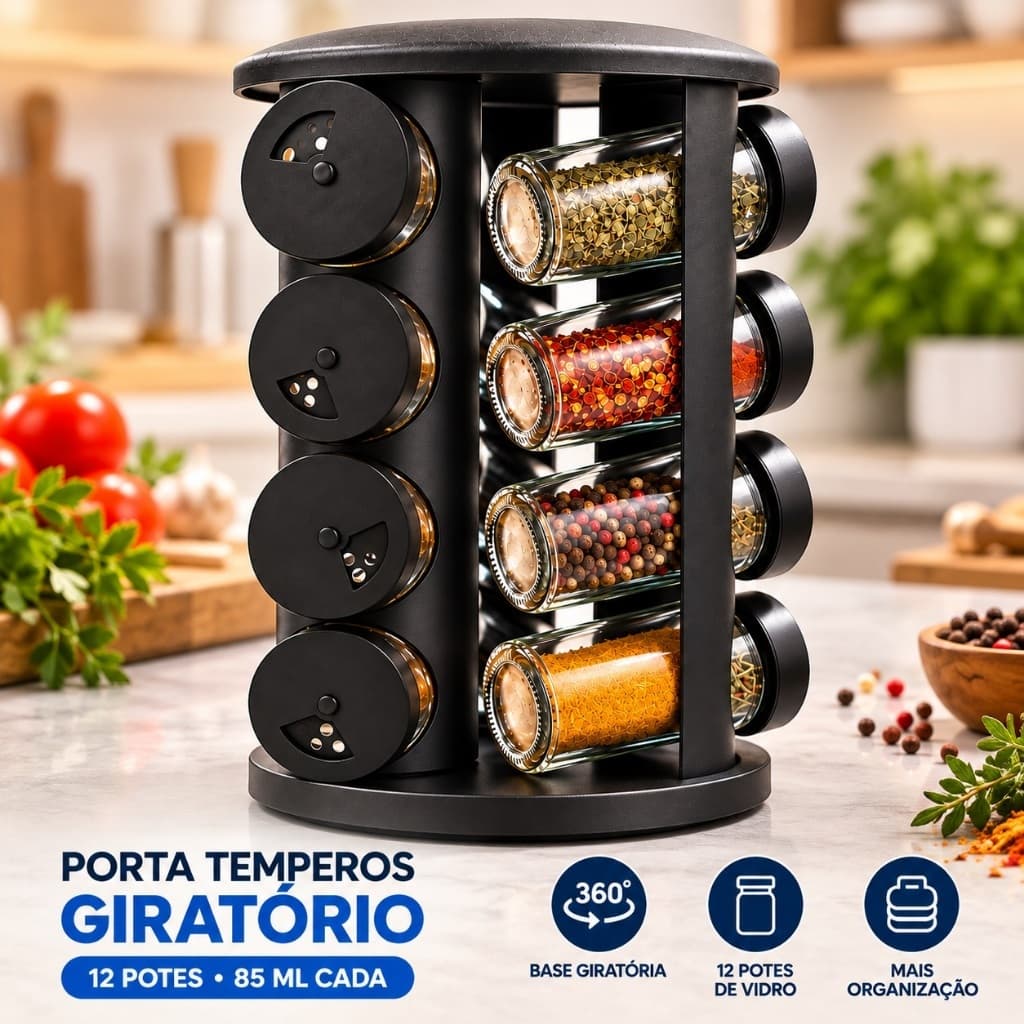 Porta Temperos Condimentos Giratório 360° 12 Potes de Vidro 85ml Preto Organizador Cozinha Dosador