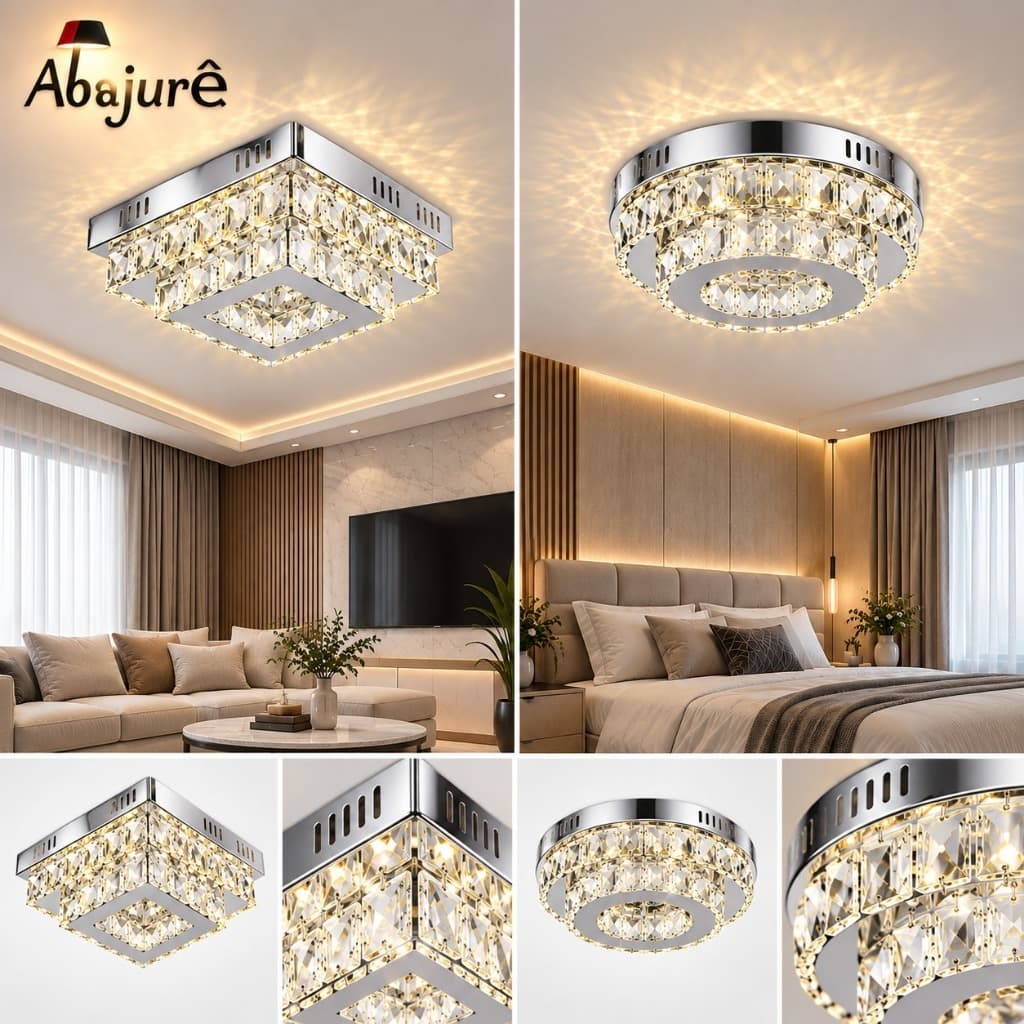 Lustre Cristal Quadrado/Redondo  Plafon INOX LED 36W 3CORES Bivol Luminária Anel Arcos Cristal Luxo
