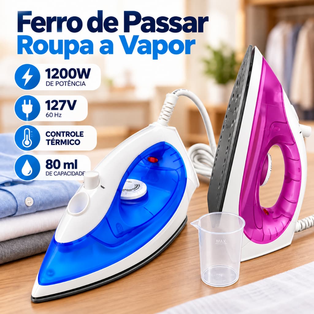 Ferro de Passar Roupa a Vapor 1200W 127V Controle Temperatura Proteção Térmica Reservatório 80ml Vapor Contínuo 60Hz 1un