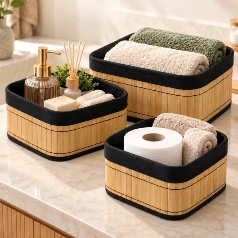 Kit 3 Cestos Caixa Organizadora De Palha E Bambu Com Forro De Linho Multiuso Para Banheiro Quarto Armário Cozinha Sala