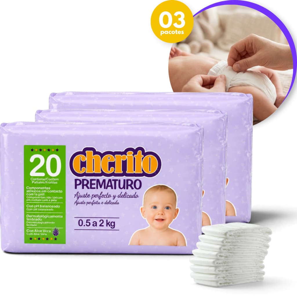 Kit Fralda Cherito Prematuro 60 Unidades 3 Pacotes Fralda Bebê Recém Nascido Descartável