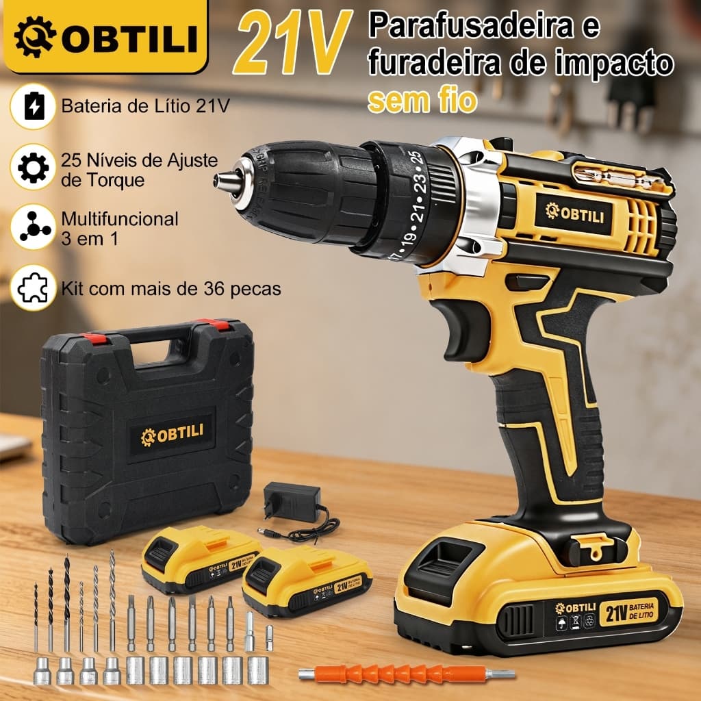 OBTILI Furadeira de Impacto Sem Fio 21V Parafusadeira Furadeira a Bateria com Maleta Kit Brocas Madeira Alumínio Aço