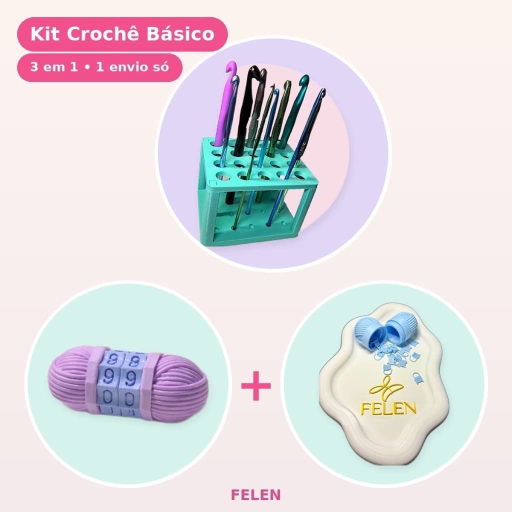 Kit Crochê Porta Agulhas 20 Furos + Contador de Carreiras + Porta Marcadores Organizador Tricô Amigurumi