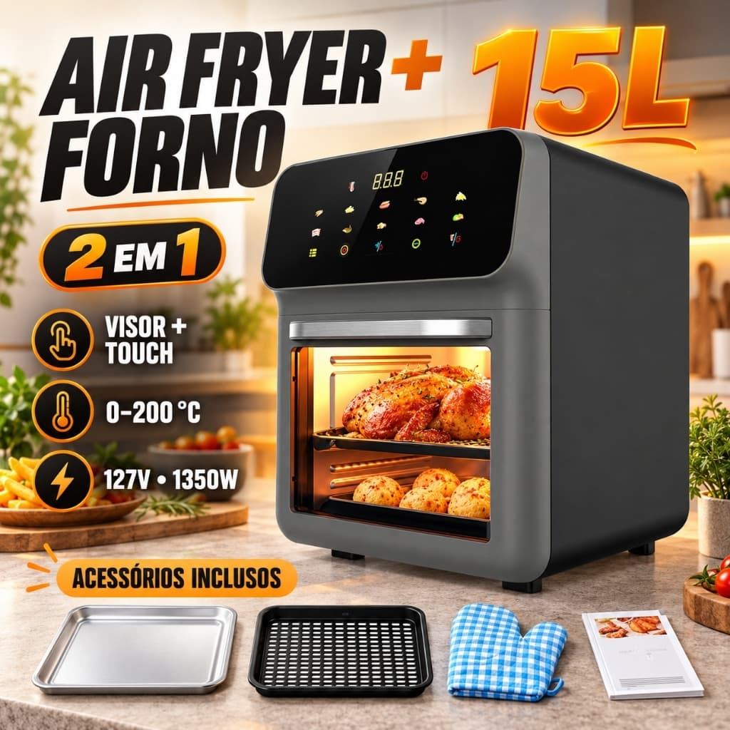 127V Air Fryer Forno Elétrico 15L 2 em 1 Visor e Painel Touch Sem Óleo Fritadeira 10 Modos 1350W Bandeja, Cesto e Luva