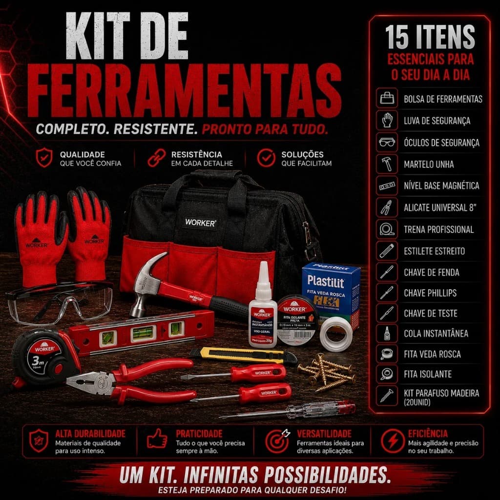 Kit Completo de Ferramentas Básicas ( Ideal Para Recém Casados ) Com Bolsa de Ferramentas Grande ( 12 Polegadas )