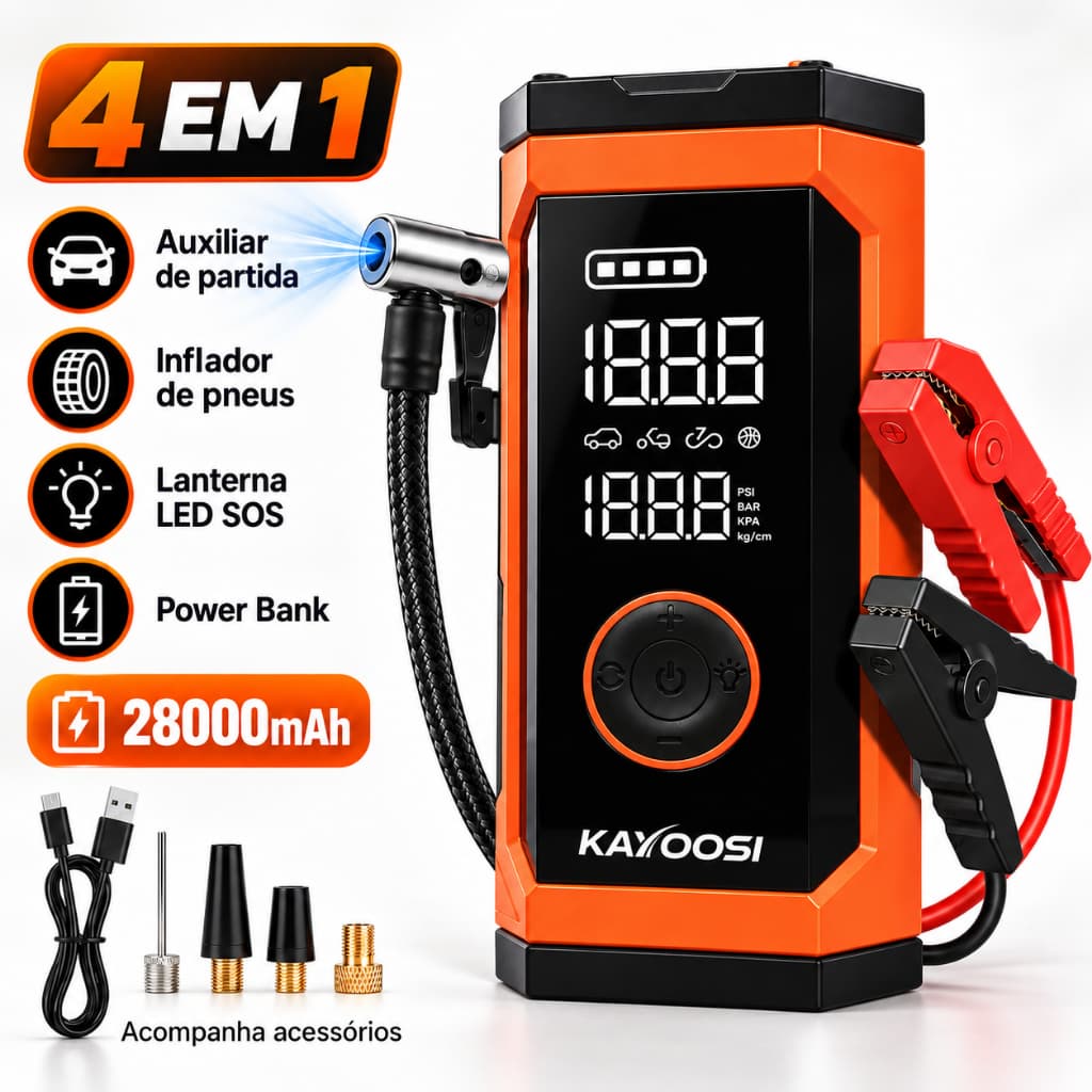 Auxiliar de Partida Bateria 4 em 1 5000A 28000mAh Compressor de Ar 150 PSI Power Bank Lanterna Carregador Veicular 12V