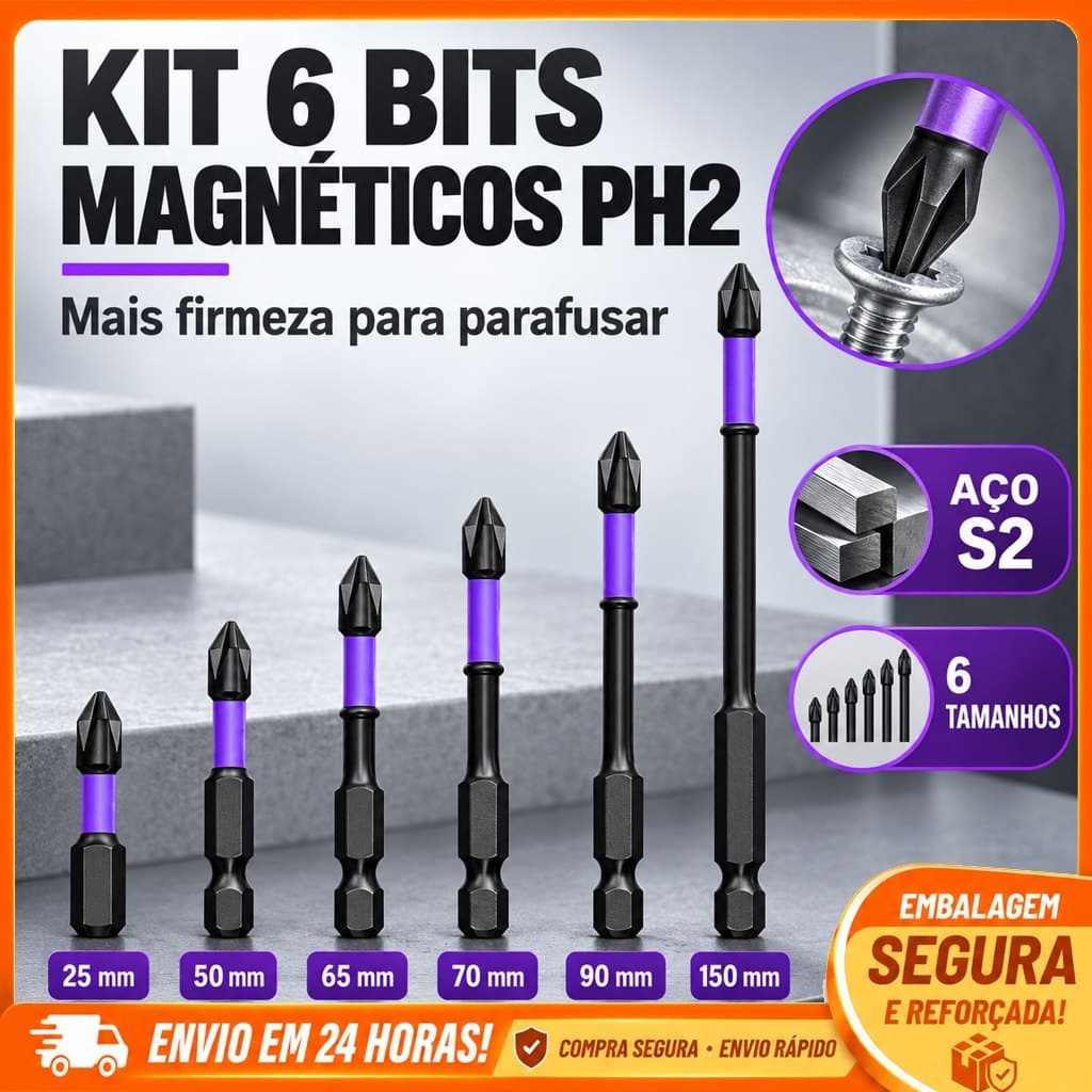 Kit Ponteiras Phillips PH2 Magnéticas Antiderrapantes para Parafusadeira e Furadeira 6 Peças