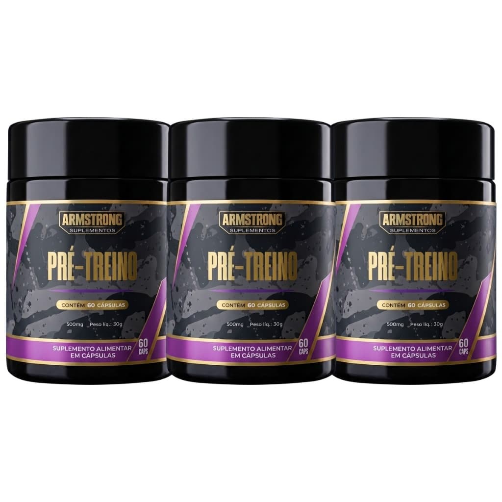 Kit 3 Pré Treino Natural Guaraná Beterraba Gengibre Uva Feno Grego 180 Cápsulas Suplemento Alimentar Armstrong