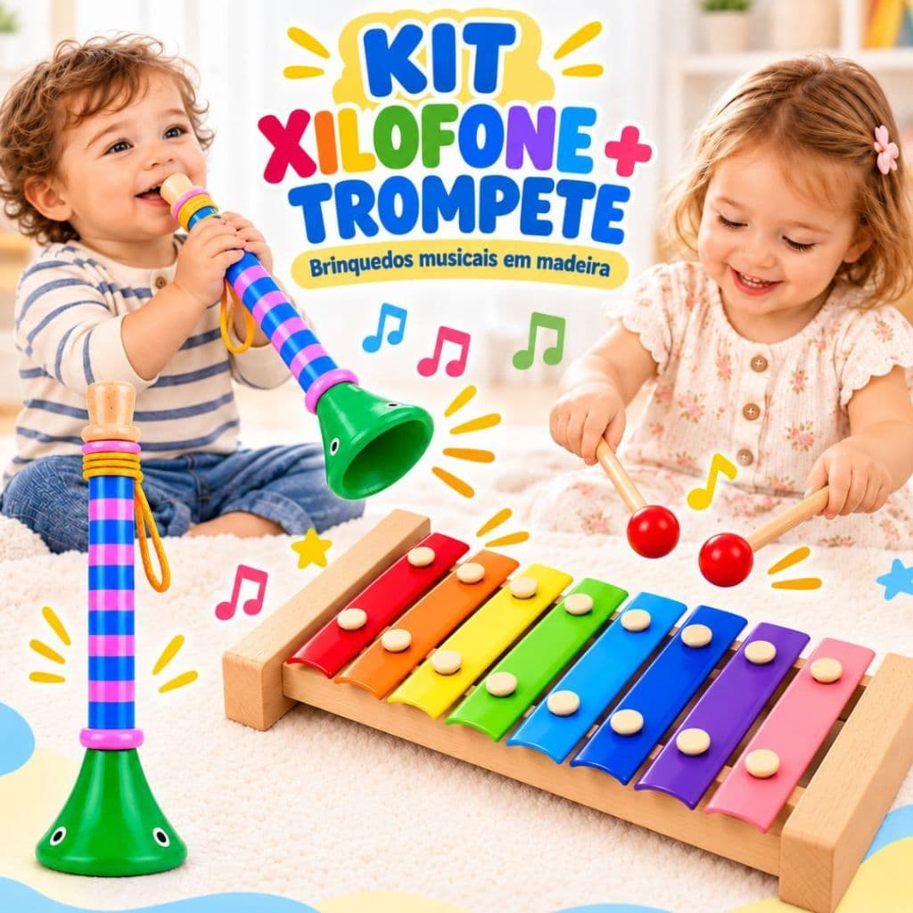 Brinquedo Com instrumentos de Percussão De Madeira Kit Brinquedo Musicais educativos Xilofone Trompete Infantil