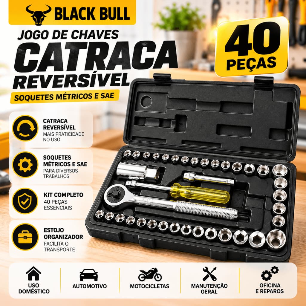 Jogo Chaves Catraca Reversível 40 Peças Black Bull Soquetes Métricos SAE Kit Ferramentas Mecânica Oficina Automotiva