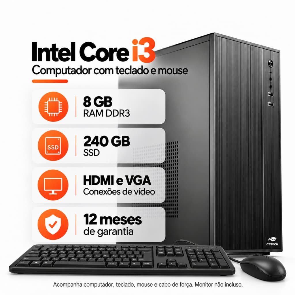 Computador Intel Core i3 8GB DDR3 SSD 240GB Teclado Mouse Windows 11 Trial Home Office Trabalho Estudos Desktop USB