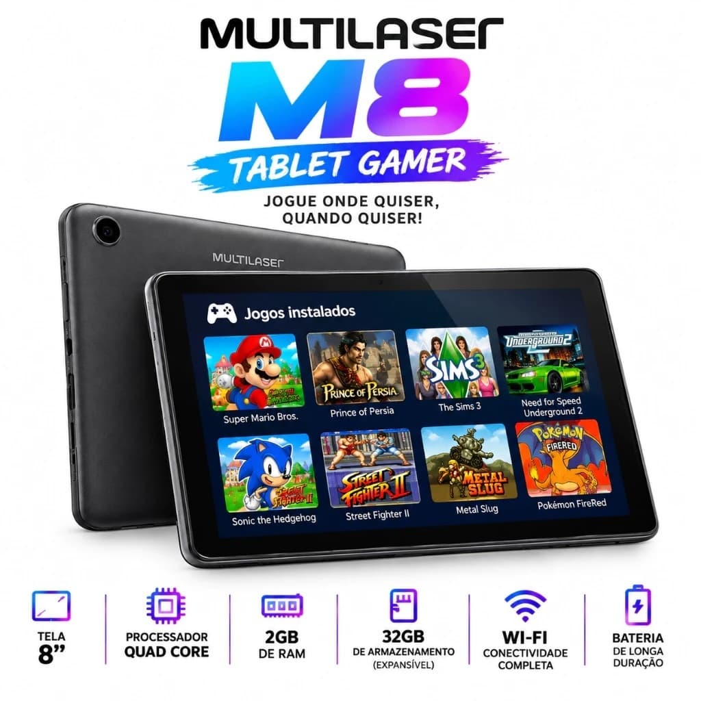 Tablet Multilaser M8 4G 32GB Tela 8 Pol Android 11 Kids Space + brindes capa anti-impacto + Jogos