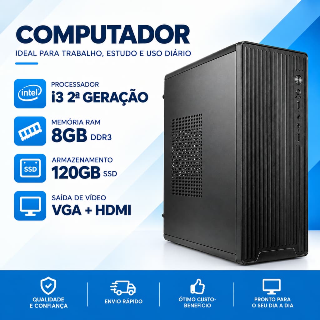 Computador Desktop Intel Core i3 2ª Geração, 8GB RAM DDR3, SSD 120GB