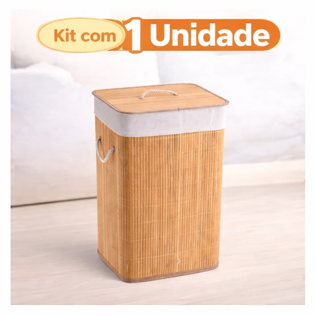 QUEIMA DE ESTOQUE - Cesto de Roupa Suja Bambu Grande 70L com Tampa Organizador Banheiro Lavanderia