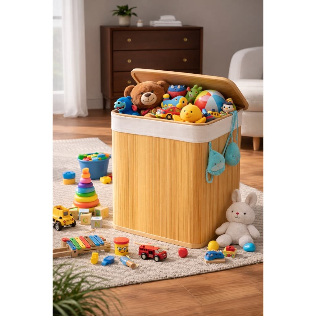 QUEIMA DE ESTOQUE -Cesto Organizador Roupa Suja Bambu 70L com Tampa para Banheiro Lavanderia