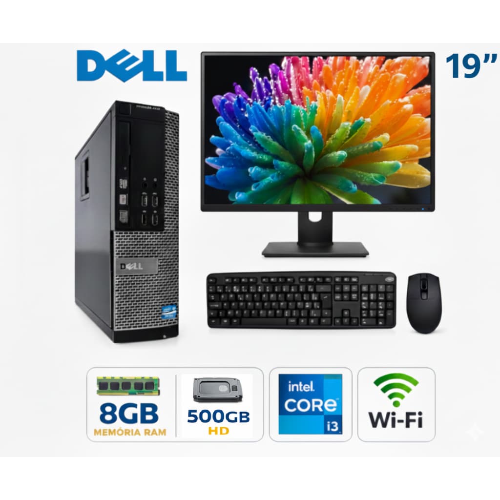 Computador Completo Dell 7020 Slim 8gb Ddr3 Hd 500gb Wifi Mouse Teclado Monitor 19"