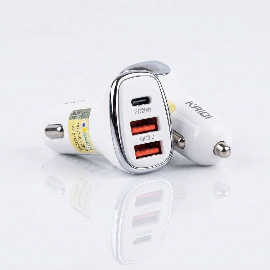 Carregador Veicular Turbo Kaidi KD-304C com 3 Saídas (2 USB + 1 Tipo-C) e Cabo Tipo C de 1m