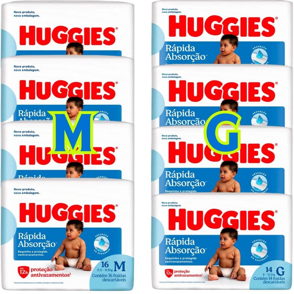 Fralda Huggies Rápida Absorção - 4 Pacotes M e 4  Pacotes G