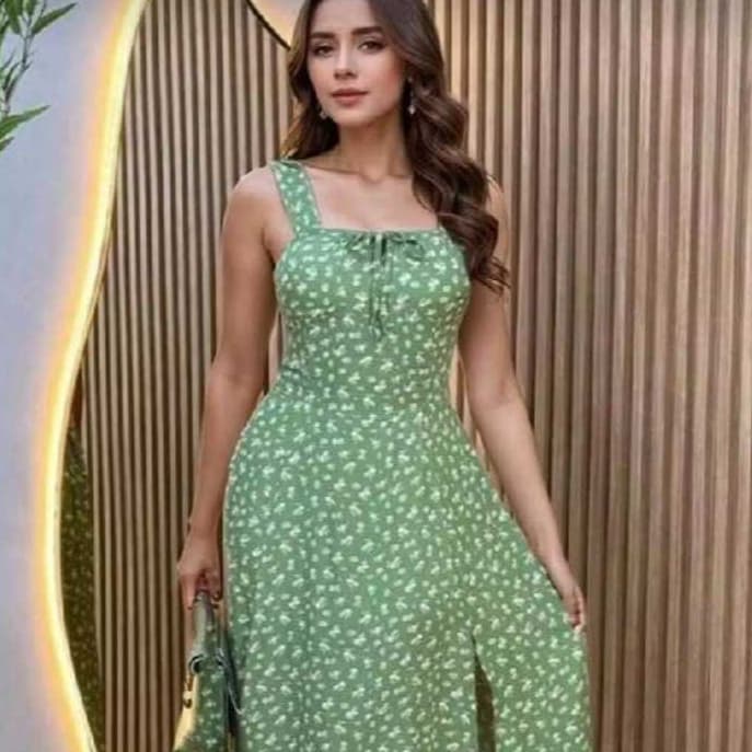 Vestido Feminino Midi Floral com Fenda e Alça- Vestido de Verão Elegante Moda Feminina