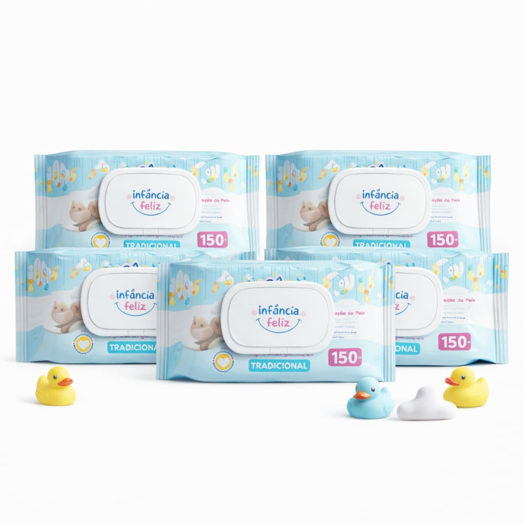 Kit 5 Lenços Umedecidos Infância Feliz 150 Folhas Com Tampa