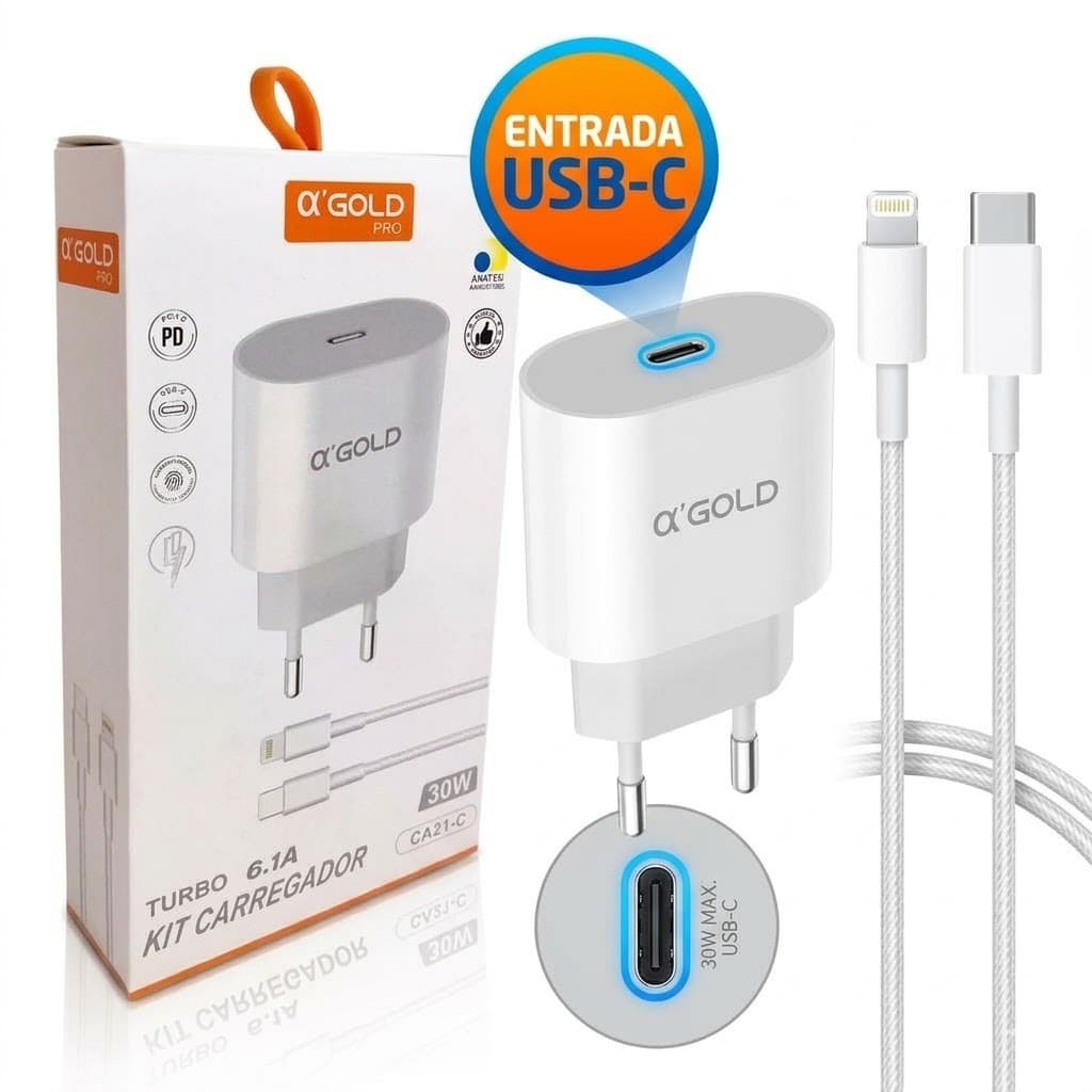 Carregador Turbo 30W αGold Pro USB-C + Lightning 6.1A | Kit Carregador Rápido Para iPhone