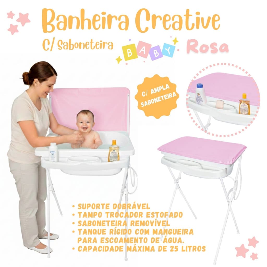 Banheira para Bebê com Trocador Almofadado com Saboneteira Lateral e Mangueira de Escoamento