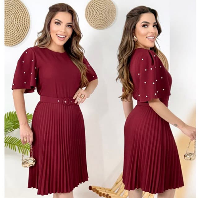 Vestido Midi Feminino Plissado Elegante Manga Curta com Pérolas  Moda evangélica , acompanha cinto