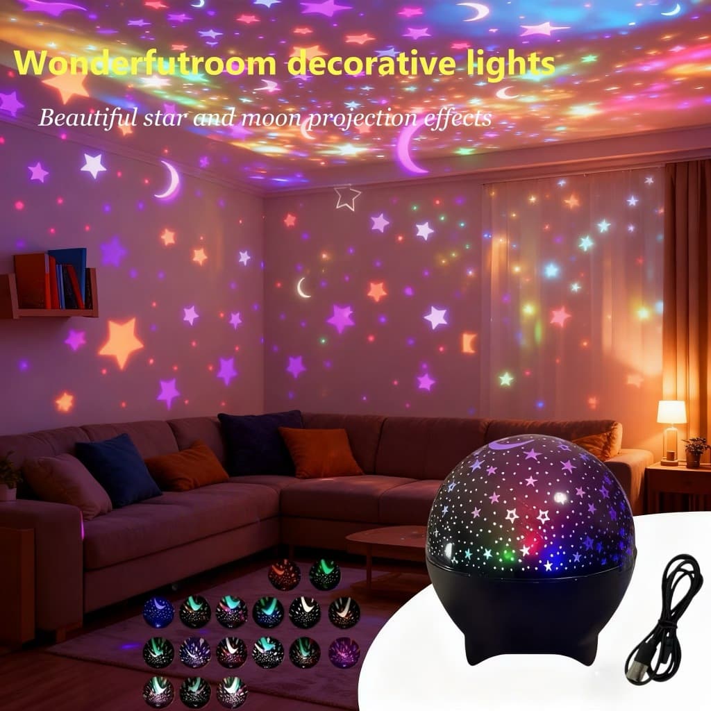 Luminária Projetor de Estrelas Luz Noturna LED de Lua USB Capa de PE Várias Cores para Quarto e Festas